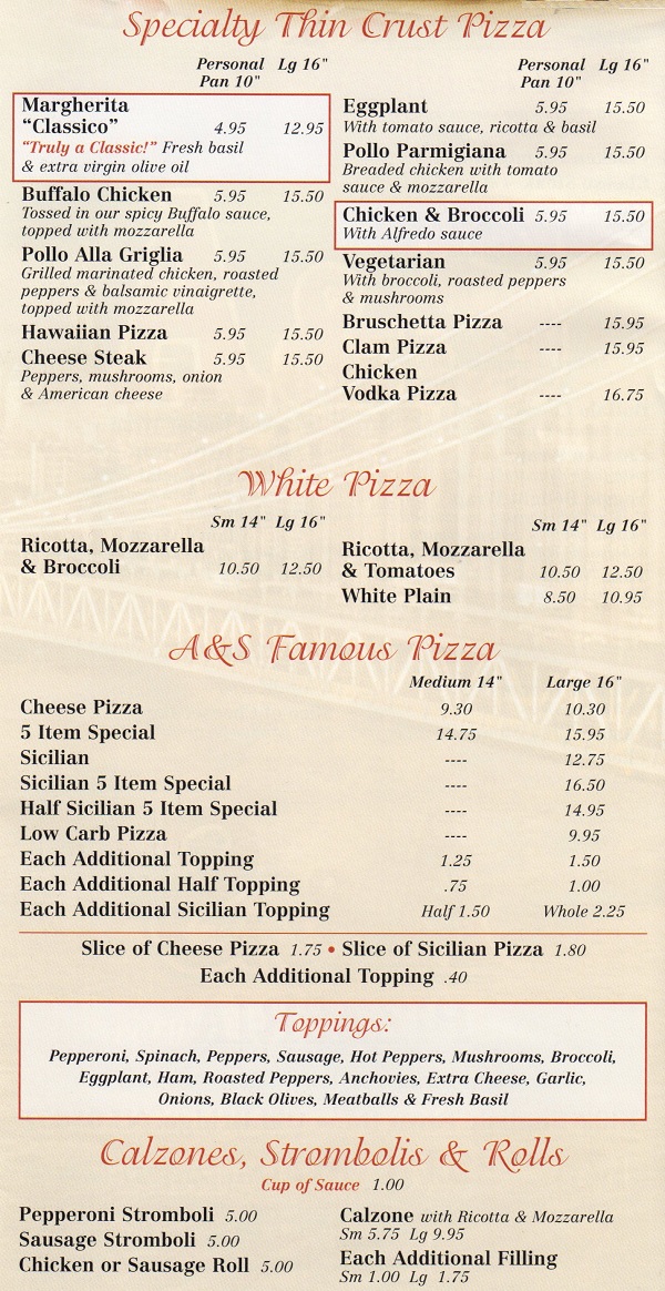 A & S Pizza and Restaurant in Old Bridge Menu